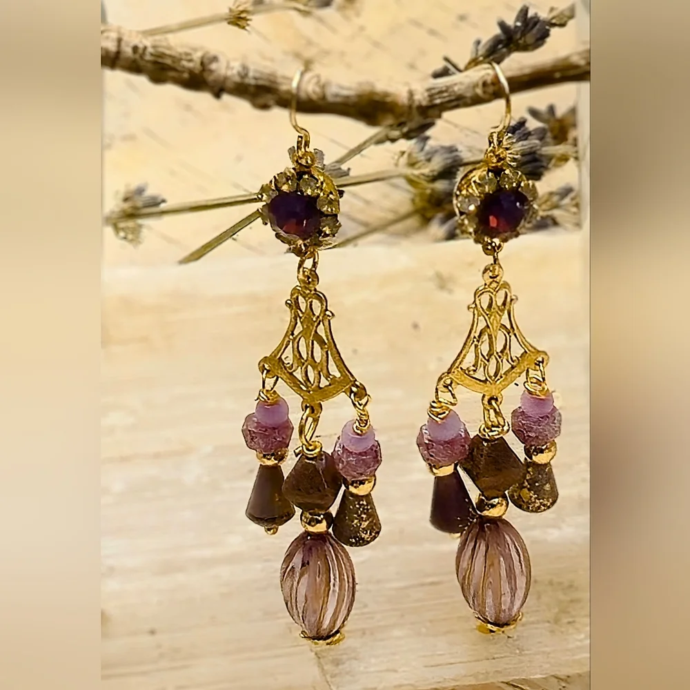 Victorian Opaline Purple W/ Crystal Flowers In 3 Strands Long GP Earrings